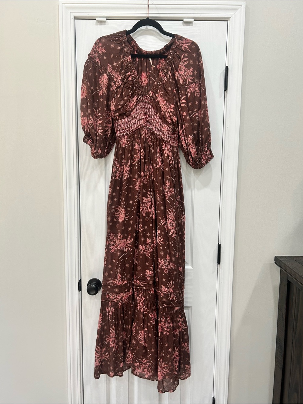 Free People Cotton Chocolate Brown Maxi Dress with Pink Florals